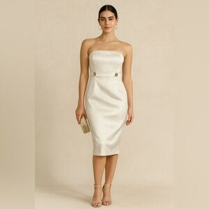 David’s Bridal Strapless Dress Cream and Shimmering w/ Gold Button Detail-Size 4